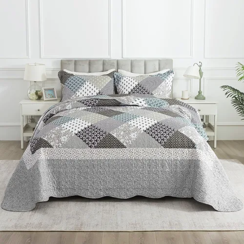 Vista 22 de Juego de cama de dos piezas, tamaño individual, de microfibra, reversible, de retazos, estilo floral, todas las estaciones, patrón de porcelana azul