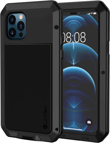 Vista 9 de Lanhiem Funda de metal para iPhone 12 Pro Max, resistente a los golpes, con protector de pantalla de vidrio integrado, cubierta protectora de cuerpo