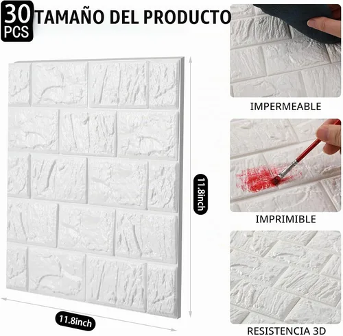 Vista 2 de Tinlade 30 Piezas 28.81 Pies Cuadrados Paneles de Pared 3D Despegar y Pegar Papel Tapiz de Ladrillo de Espuma Imprimible Paneles de Pared de Blanco