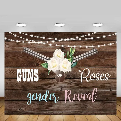 Vista 3 de MEHOFOND Pistolas o rosas para revelación de género para fiesta de fondo de fotos, luces de madera rústica con purpurina, unisex, decoración de baby