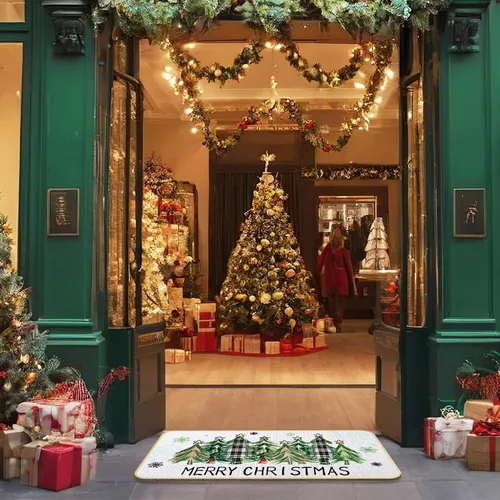 Vista 7 de Timgle Tapete de árbol de Navidad de 16 x 28 pulgadas, tapete verde de Navidad para puerta delantera, antideslizante, tapete decorativo