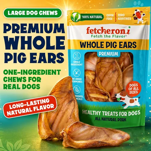 Vista 2 de FETCHERONI Orejas de cerdo enteras para masticables para perros, golosinas duraderas para perros, L, 30 unidades Larga duración, un ingrediente