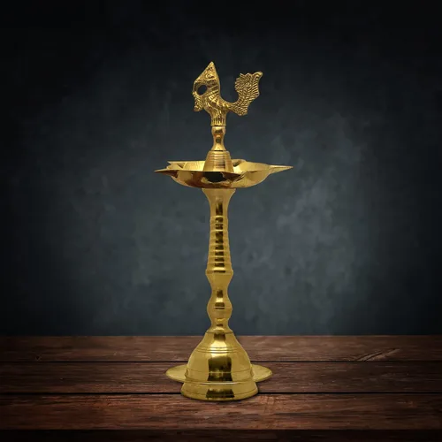 Vista 7 de SATVIK Juego de 2 piezas de 8.5 pulgadas de latón de pie con diseño de pavo real Kerala Samai Deepak Puja tradicional Panchmahal Pooja Deepam Diya