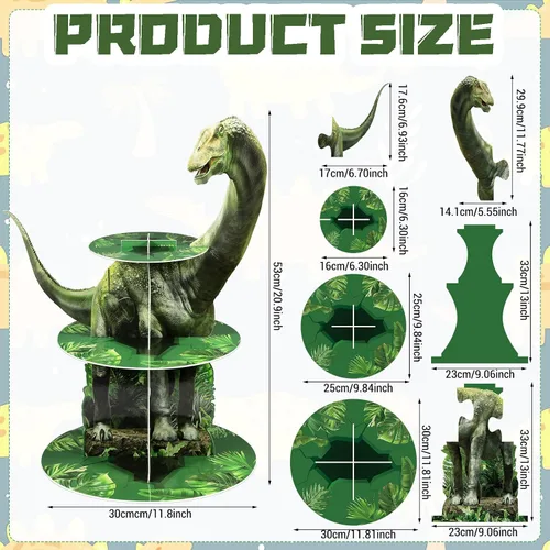 Vista 2 de Censen Soporte para cupcakes de dinosaurio de 3 niveles, decoraciones de fiesta con temática de dinosaurio, decoración de torre de postre