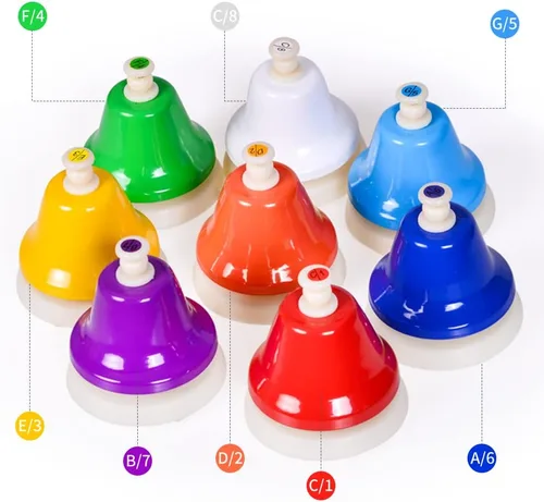Vista 5 de ENNBOM Campana de escritorio 8 notas instrumento de percusión musical - campana de mano diatónica para enseñanza musical