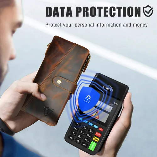 Vista 60 de Genuino Caballo Loco Cuero Regalo de Viaje Moneda Bolsillo Tarjetero Organizador Largo Cadena Rfid Cartera Monedero Con Broche Para Hombres Hombres