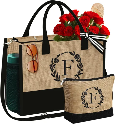 Vista 17 de YOOLIFE Regalos personalizados para mujeres, bolsa de yute con inicial y bolsa de maquillaje, regalos de cumpleaños para mujeres, mamá, esposa