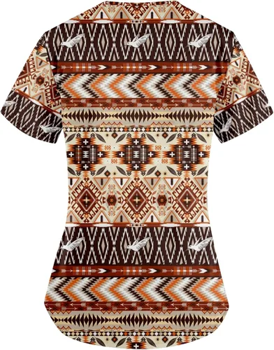Vista 2 de AMOMA Camisa de enfermería con cuello en V para mujer, manga corta, con estampado azteca, con dos bolsillos