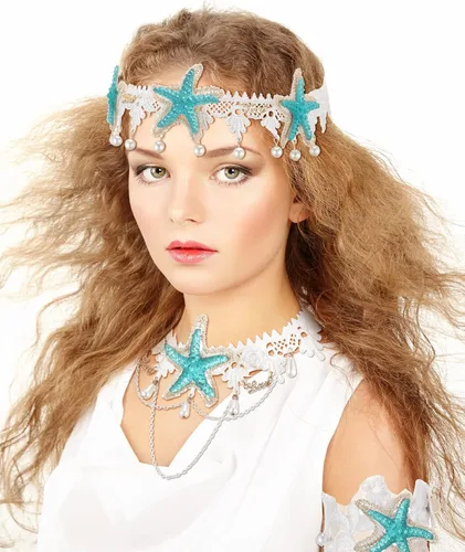 Vista 5 de Dingion 6 accesorios para el cabello de sirena, diadema de concha de estrella de mar, collar de estrella de mar, pulsera de brazo de sirena, clip