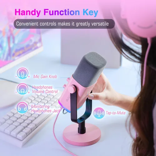 Vista 5 de FIFINE - Micrófono XLR/USB de PC para grabación de juegos con conector para auriculares, botón de silencio, RGB dinámico, de transmisión para Rosa