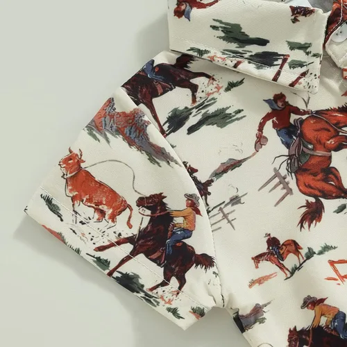 Vista 4 de Lamuusaa Ropa occidental para bebé, camisa de manga corta, con botones, camisa con estampado de vaca, mameluco de verano de 0 a 18 meses