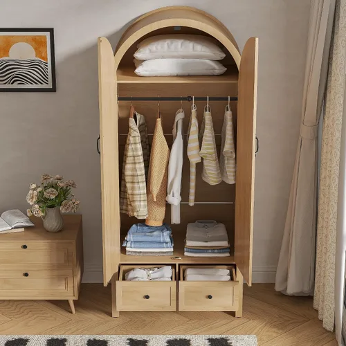 Vista 2 de Lxsxlome Armario moderno con cajones y 2 puertas arqueadas acanaladas, 70.87 pulgadas de alto, armarios de madera con estantes y barra para colgar