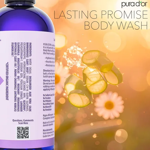 Vista 4 de PURA D'OR Gel de baño Promesa Duradera de 16 onzas – Aroma de lavanda calmante – Base de aloe vera, infundido con aceite de romero y manzanilla – pH