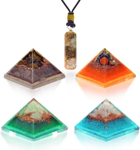 Vista 10 de Juego de curación y limpieza: mini pirámides de cristal de orgonita portátil de cuarzo de cristal, obsidiana negra, crisoprasa, calcita naranja