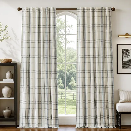 Vista 27 de DriftAway Cortinas de felpilla de lino a cuadros 100% opacas de 96 pulgadas Beige