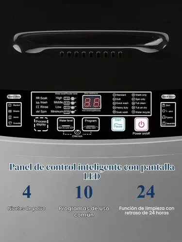 Vista 4 de Lavadora completamente automática con pantalla LED, bomba de drenaje portátil de 17.7 libras, 10 programas y 8 niveles de agua seleccionados, ideal