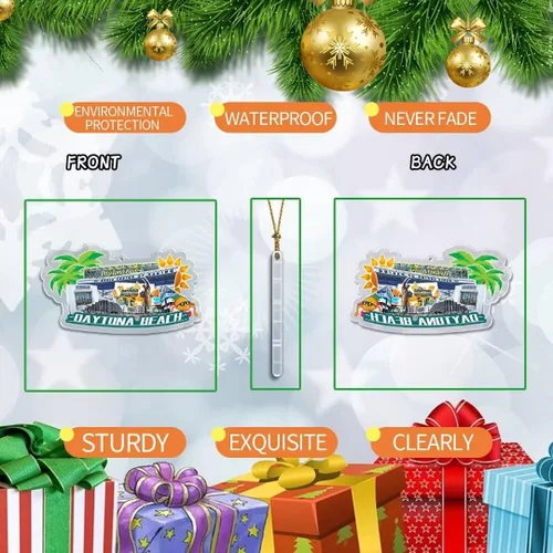 Vista 2 de USA Daytona Beach Adorno de Navidad acrílico transparente Decoración de árbol de Navidad colgante de doble cara Colección de recuerdos de viaje