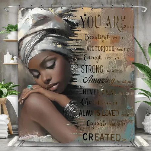 Vista 5 de Cortina de ducha inspiradora afroamericana de 60 pulgadas de ancho por 71 pulgadas de alto, con citas motivacionales positivas de la Biblia, tela