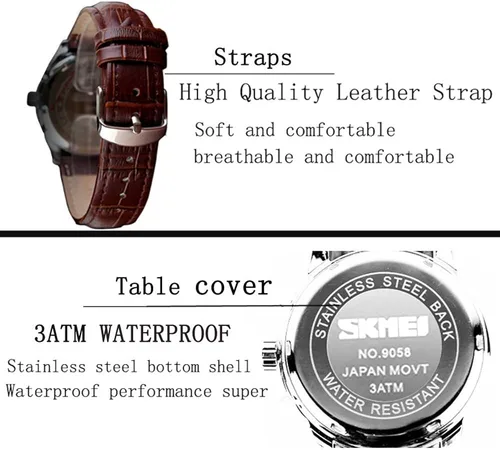 Vista 3 de SKMEI Reloj de pulsera de cuero para hombre, con números de moda, para negocios, ocio, impermeable, calendario