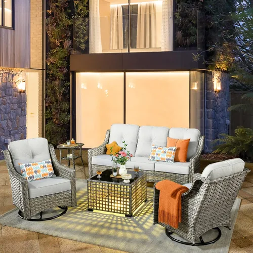 Vista 40 de HOOOWOOO Sofá de patio de 3 plazas de mimbre para exteriores, resistente a todo tipo de clima, con respaldo alto, muebles a juego (beige y bronceado)