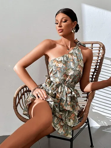 Vista 5 de Floerns Vestido corto con estampado floral de un hombro y dobladillo a capas para mujer