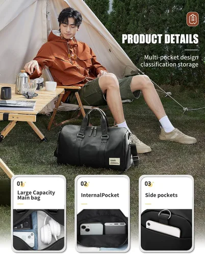 Vista 2 de Bolsa de viaje de cuero con bolsa para zapatos, bolsa de deporte de gimnasio, bolsa impermeable para fines de semana para hombres y mujeres, Negro