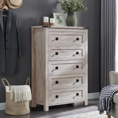 Vista 7 de T4TREAM - Cómoda de granja con 5 cajones para dormitorio, cómodas altas rústicas de madera, organizadores de cómodas para dormitorio, sala de estar