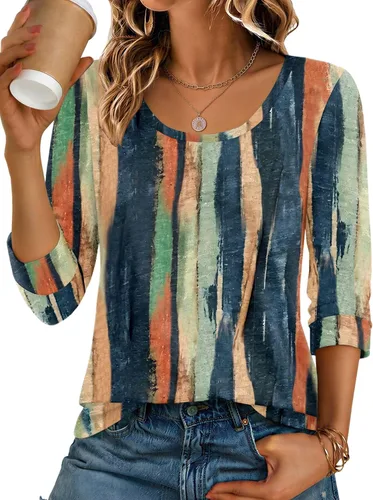 Vista 6 de Ekouaer Camisetas básicas casuales de manga 3/4 para mujer, cuello redondo Rayado Caqui