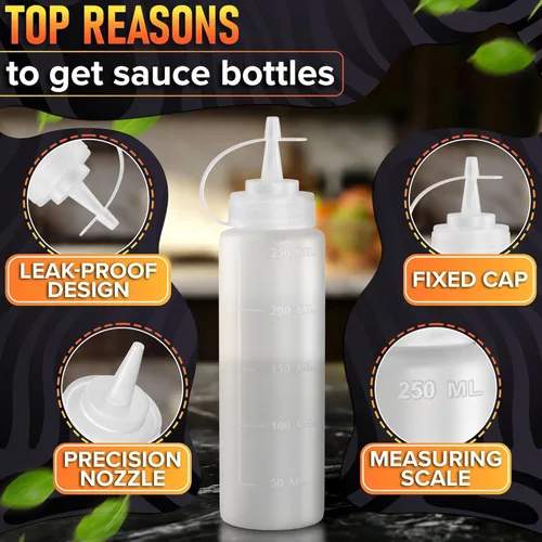 Vista 4 de Paquete de 3 botellas de plástico para condimentos de 8 onzas, botellas recargables para chorros con punta estrecha, resistentes a fugas, ideales