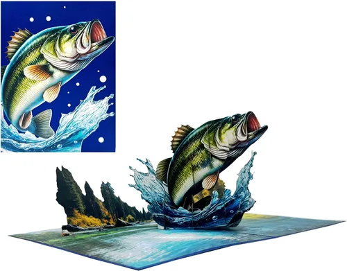Vista 3 de Bass Fish - Tarjeta de felicitación emergente 3D Diseño de tarjeta de cumpleaños emergente hecha a mano simbólica para cumpleaños, aniversarios