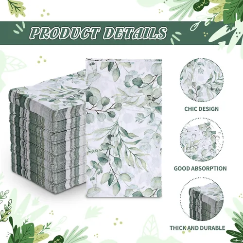 Vista 3 de 100 servilletas desechables para invitados, toallas de mano desechables de papel con hojas verdes, servilletas de mano decorativas de papel