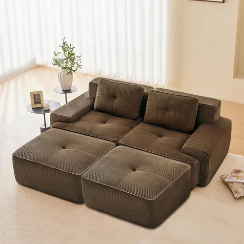 Vista 114 de Sofá moderno comprimido sin armazón de 116", sofás seccionales de 3 plazas para sala de estar, sofá seccional modular de pana verde nube, espuma