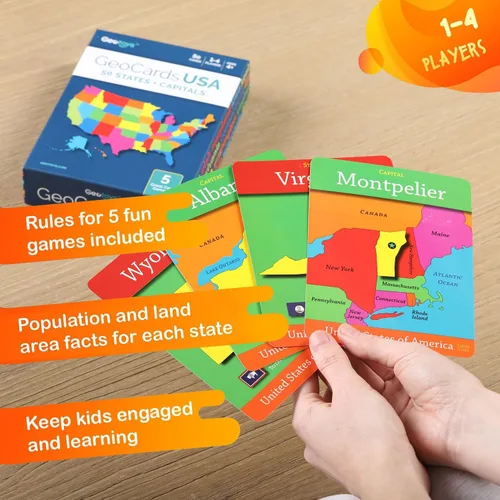 Vista 3 de Geotoys GeoCards, USA Flash Cards Juego de geografía, juegos de cartas para niños, para familias, hogar, escuela y viajes, tarjetas flash de Estados
