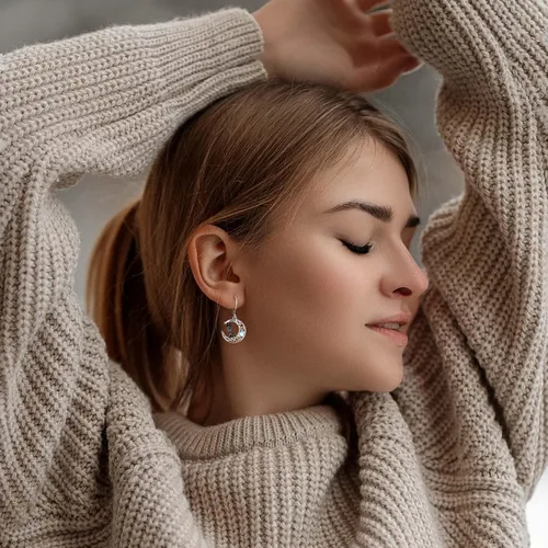 Vista 15 de Aretes colgantes de plata de ley con diseño de árbol de la vida, flor, abeja, animales, gato, colibrí, piedra lunar, turquesa, aretes con cierre