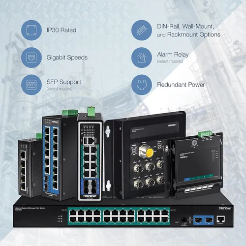 Vista 7 de TRENDnet Conmutador industrial Gigabit PoE+ de 10 puertos, 8 puertos Gigabit PoE+, Montaje en carril DIN, 2 ranuras SFP, Presupuesto de alimentación