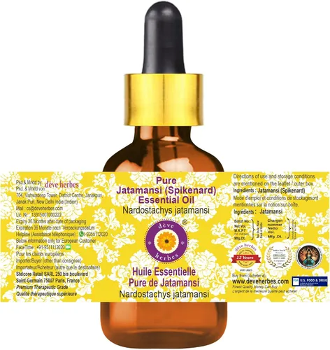 Vista 2 de Deve Herbes Aceite esencial puro de Jatamansi (Spikenard) (Nardostachys jatamansi) con cuentagotas de vidrio destilado al vapor 0.1 fl oz (0.06 oz)