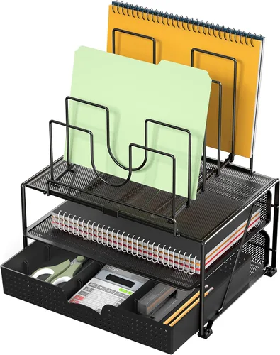 Vista 4 de Deco Brothers - Organizador de archivos de escritorio con doble bandeja y soporte para 5 carpetas Cajón deslizante con divisores ajustables, negro