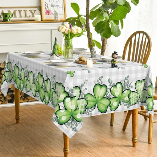 Vista 3 de Horaldaily Mantel rectangular del Día de San Patricio de 52 x 70 pulgadas, mantel lavable de eucalipto de trébol a cuadros de búfalo para decoración