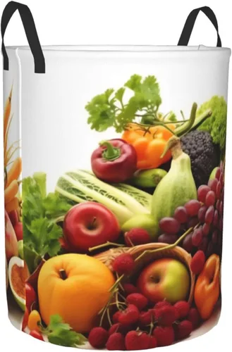 Vista 2 de Cesta circular con estampado de verduras y frutas, impermeable, cesta organizadora de ropa, con asas, para ropa, juguetes, pequeña