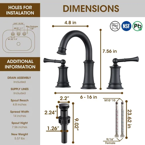 Vista 2 de Llave de baño negra, llave de lavabo de baño de 8 pulgadas con conjunto de drenaje emergente, llave de baño generalizada con líneas de suministro