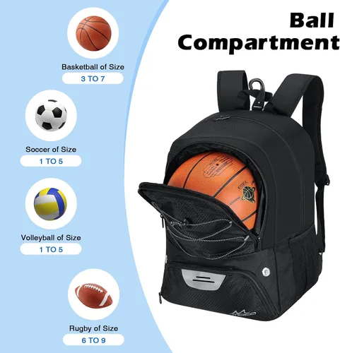 Vista 3 de MoKo Mochila de baloncesto con gancho, mochila grande de voleibol y fútbol, bolsa de gimnasio con compartimentos separados para pelotas y zapatos