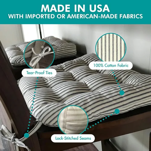 Vista 5 de Barnett Home Decor Ticking Stripe Berlin Blue - Almohadilla para silla de comedor con lazos, tamaño mediano 18, relleno de espuma de látex, lavable