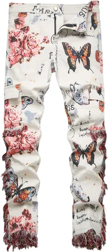 Vista 28 de Baylvn - Pantalones de mezclilla para hombre con diseño patchwork, ajustados y cómodos, estilo motociclista 3132 Camuflaje y azul