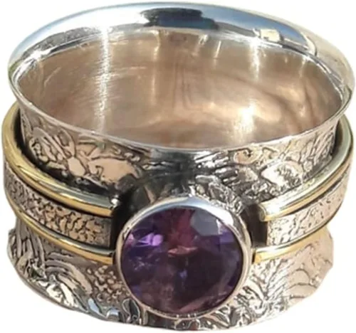 Vista 11 de Gemstone Spinner Ring for Women, 925 Sterling Silver Boho Meditation Band with Amethyst, Moonstone, Opal, Garnet, Gift for Her