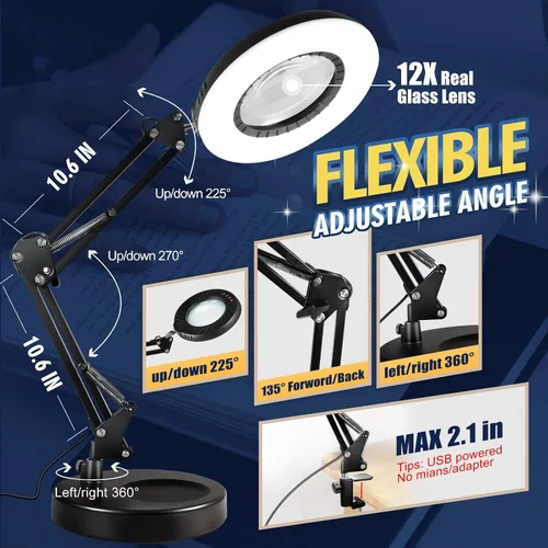 Vista 6 de 12 lupas con luz y soporte, 144 LED más brillantes, 10 brillo regulable, 5 modos de color, lámpara de escritorio de metal manos libres para lectura