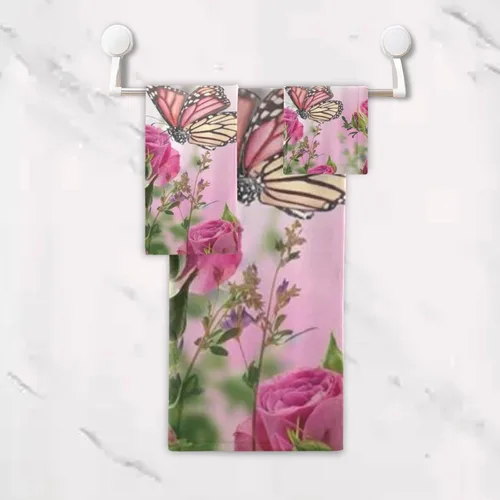 Vista 5 de Juego de toallas de baño para baño, diseño floral de mariposa rosa, hojas verdes románticas para cuatro estaciones, lujo de 3 toallas, 1 toalla, 1
