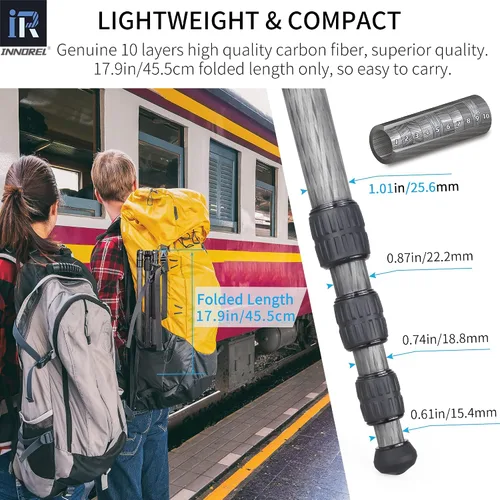 Vista 5 de Trípode INNOREL RT45C portátil de fibra de carbono de 10 capas sin cabeza esférica, trípode compacto y ligero para cámara DSLR, videocámara de video