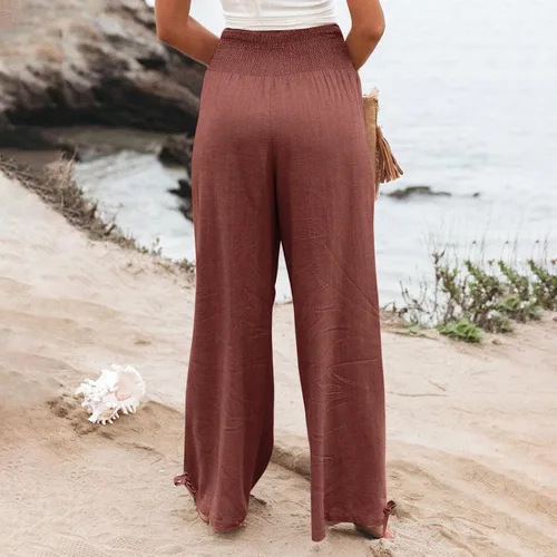 Vista 4 de Cotton Linen Pants Women's Casual Wide Leg Palazzo Pants, Casual High Waisted Palazzo Pants with Pockets