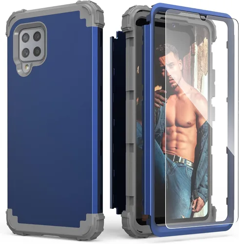 Vista 16 de IDweel Funda para Galaxy A42 5G con protector de pantalla de vidrio templado, híbrida 3 en 1, a prueba de golpes, resistente, cubierta de Negro