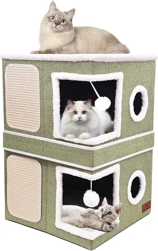 Vista 15 de Casa de Gato de 2 Pisos para Gatos de Interior, Cama de Cueva de Gato de Dos Propósitos con Almohadilla para Arañar y Bola Esponjosa, Escondite